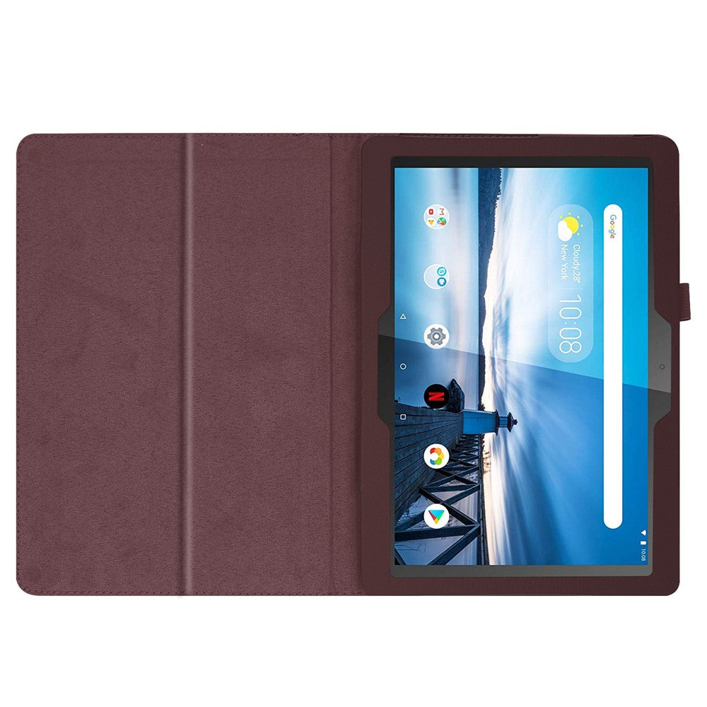 Anti-scratch Shockproof Litchi Texture Leather Stand Protective Phone Case Cover for Lenovo Tab M10 TB-X605F - Coffee