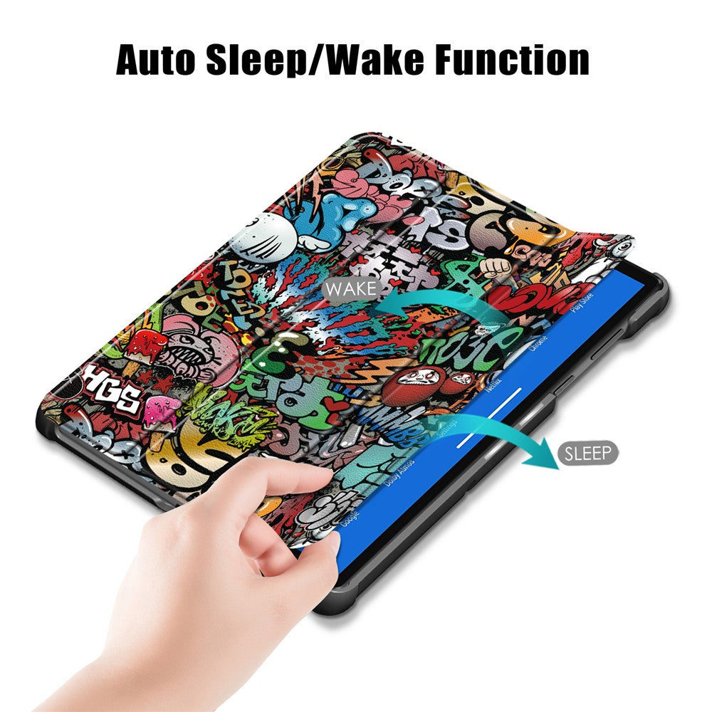 Pattern Printing Leather Smart Case Dual-Angle Tri-fold Stand Auto-Wake/Sleep Tablet Cover for Lenovo Smart Tab M10 FHD Plus/Tab M10 Plus TB-X606F - Cartoon Pattern