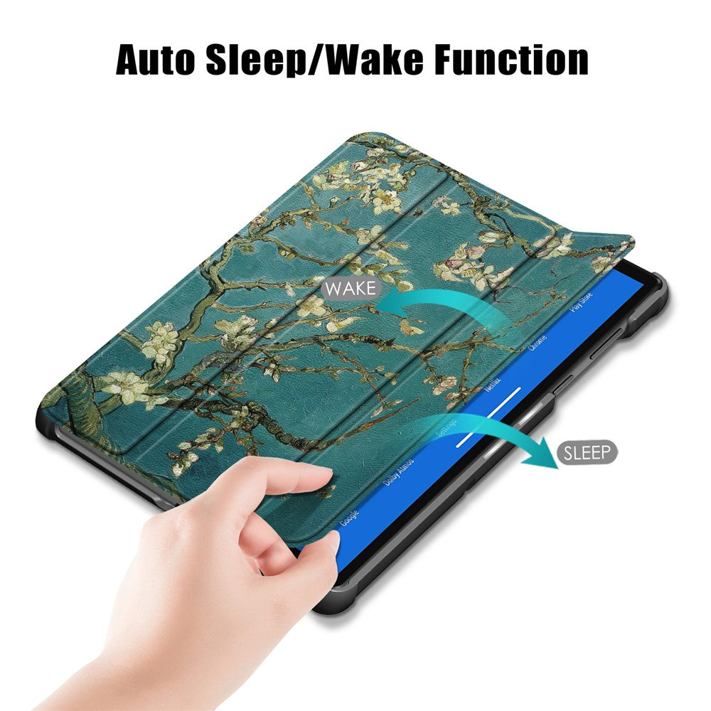 Pattern Printing Leather Smart Case Dual-Angle Tri-fold Stand Auto-Wake/Sleep Tablet Cover for Lenovo Smart Tab M10 FHD Plus/Tab M10 Plus TB-X606F - Tree with Flowers