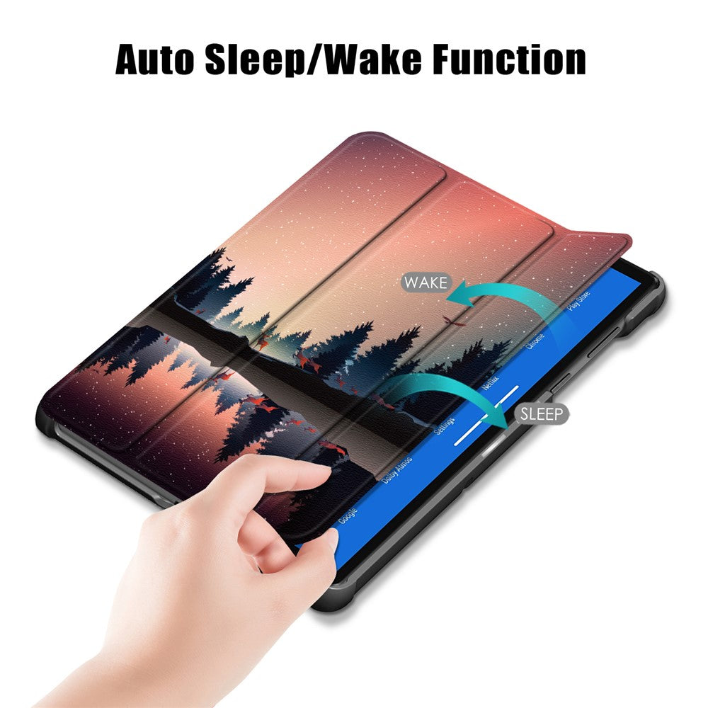 Pattern Printing Leather Smart Case Dual-Angle Tri-fold Stand Auto-Wake/Sleep Tablet Cover for Lenovo Smart Tab M10 FHD Plus/Tab M10 Plus TB-X606F - Tree and Reflection