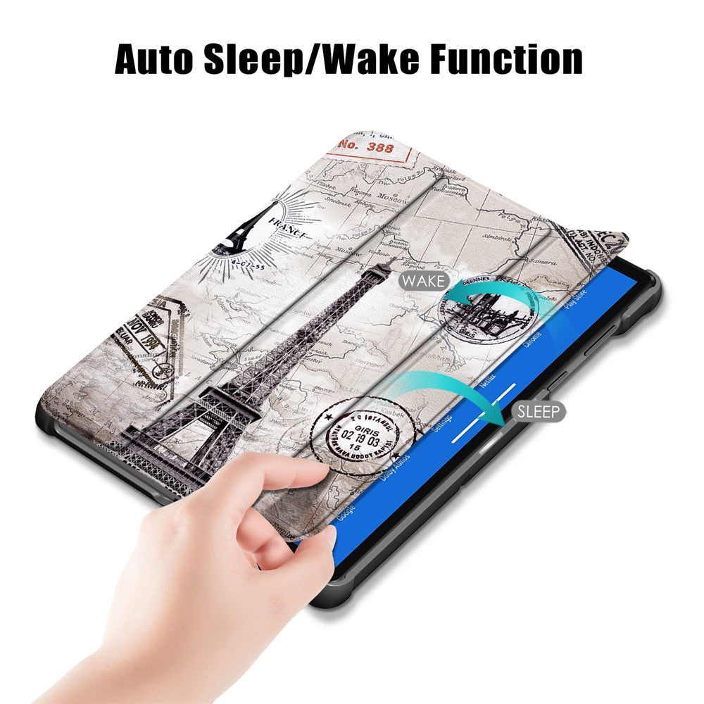 Pattern Printing Leather Smart Case Dual-Angle Tri-fold Stand Auto-Wake/Sleep Tablet Cover for Lenovo Smart Tab M10 FHD Plus/Tab M10 Plus TB-X606F - Eiffel Tower