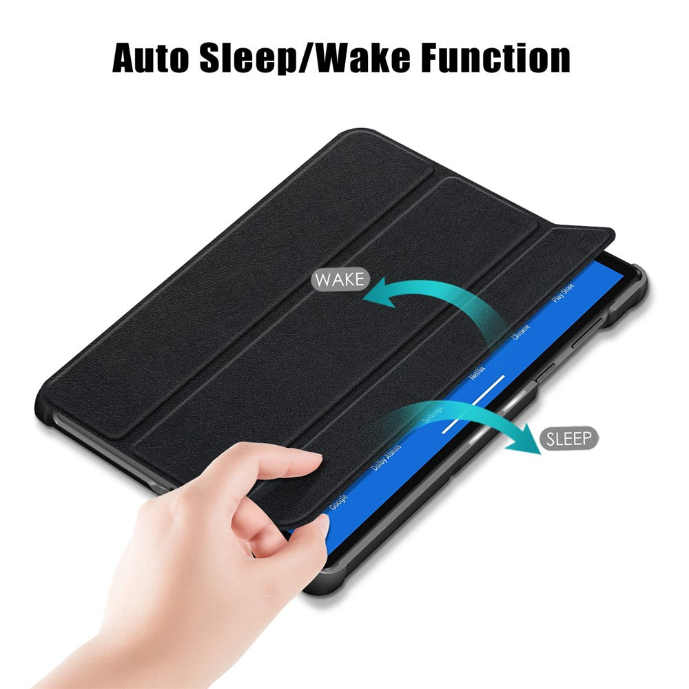 Textured Leather Tri-fold Stand Case Auto-Wake/Sleep Smart Tablet Cover Ultra Slim for Lenovo Smart Tab M10 FHD Plus/Tab M10 Plus TB-X606F - Black