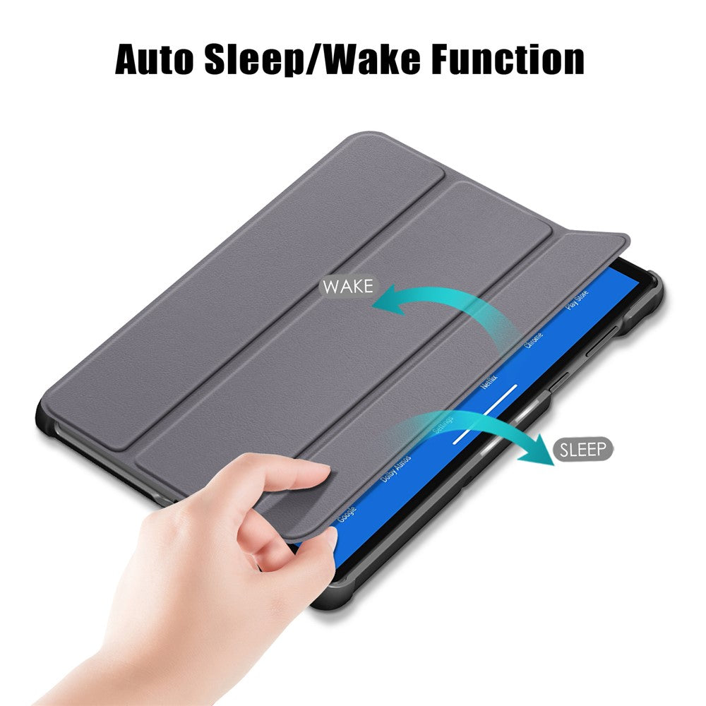 Textured Leather Tri-fold Stand Case Auto-Wake/Sleep Smart Tablet Cover Ultra Slim for Lenovo Smart Tab M10 FHD Plus/Tab M10 Plus TB-X606F - Grey