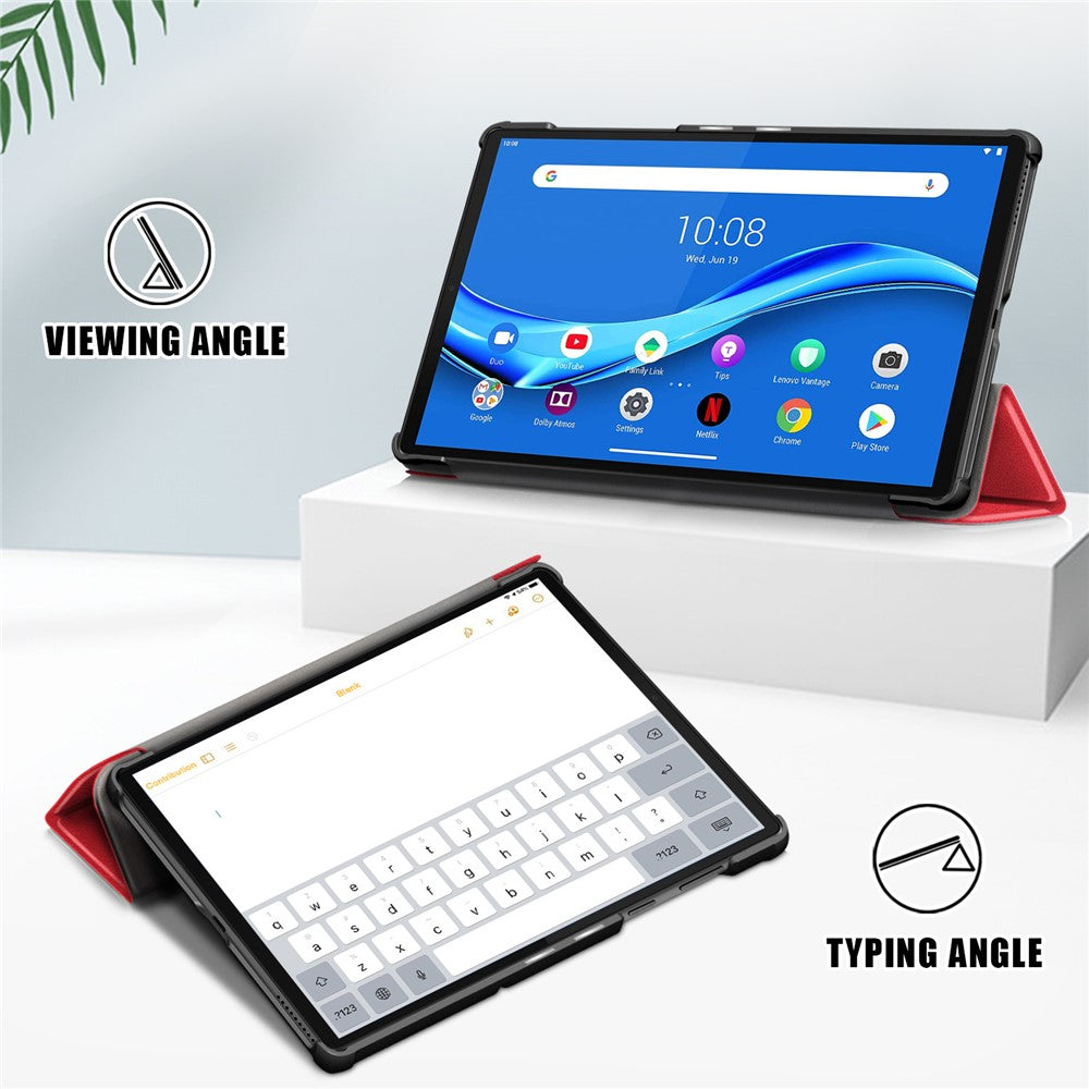 Textured Leather Tri-fold Stand Case Auto-Wake/Sleep Smart Tablet Cover Ultra Slim for Lenovo Smart Tab M10 FHD Plus/Tab M10 Plus TB-X606F - Red