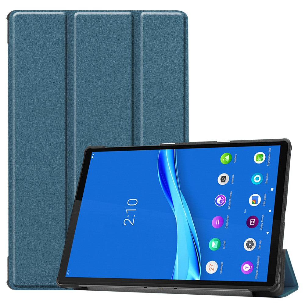 Tri-fold Leather Stand Case Textured PU Leather + PC Full Protective Tablet Case for Lenovo Tab M10 Plus TB-X606F - Blackish Green