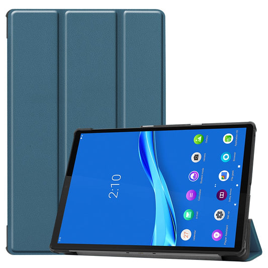 Tri-fold Leather Stand Case Textured PU Leather + PC Full Protective Tablet Case for Lenovo Tab M10 Plus TB-X606F - Blackish Green