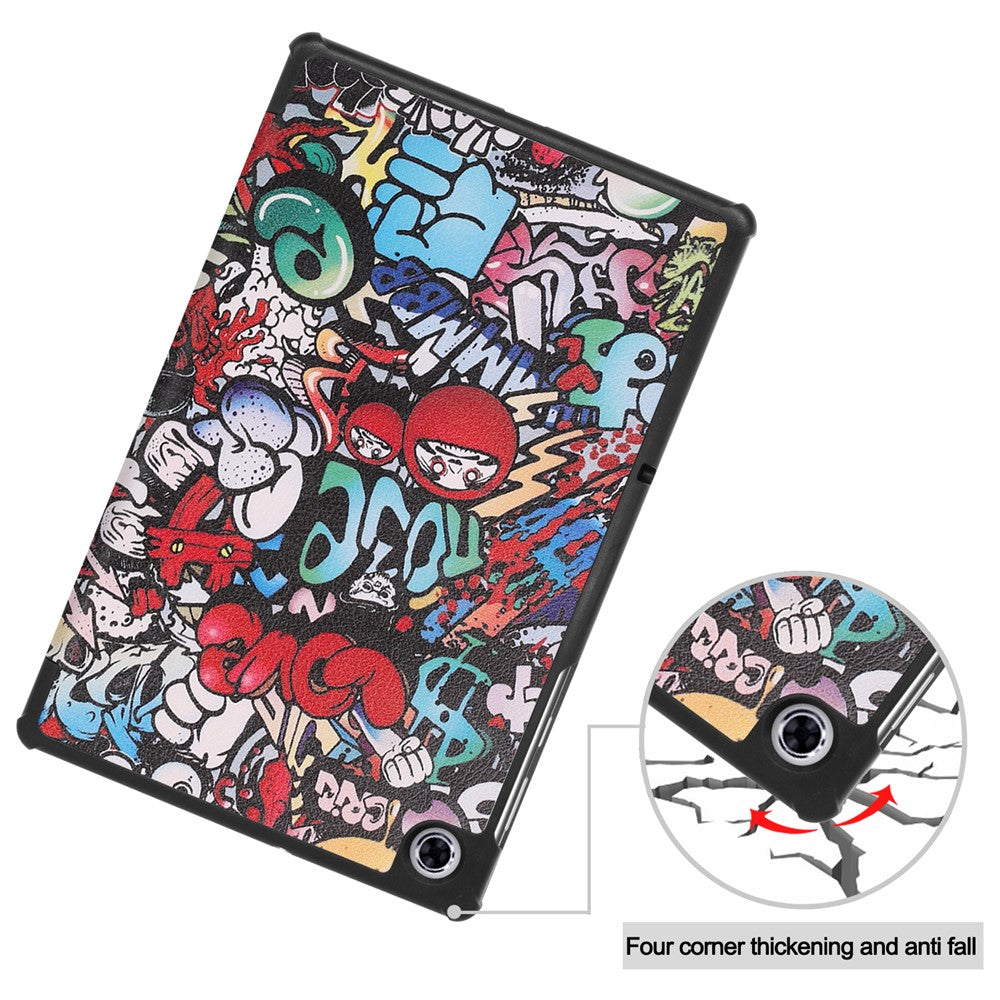 Pattern Printing Tri-fold Leather Stand Case Anti-scratch Shockproof Tablet Cover Shell for Lenovo Tab M10 Plus TB-X606F - Cartoon Graffiti