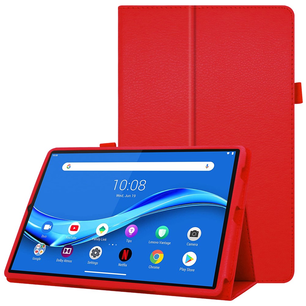 For Lenovo Tab M10 Plus TB-X606F PU Leather Case Shockproof Flip Tablet Cover with Stand Elastic Pencil Holder - Red
