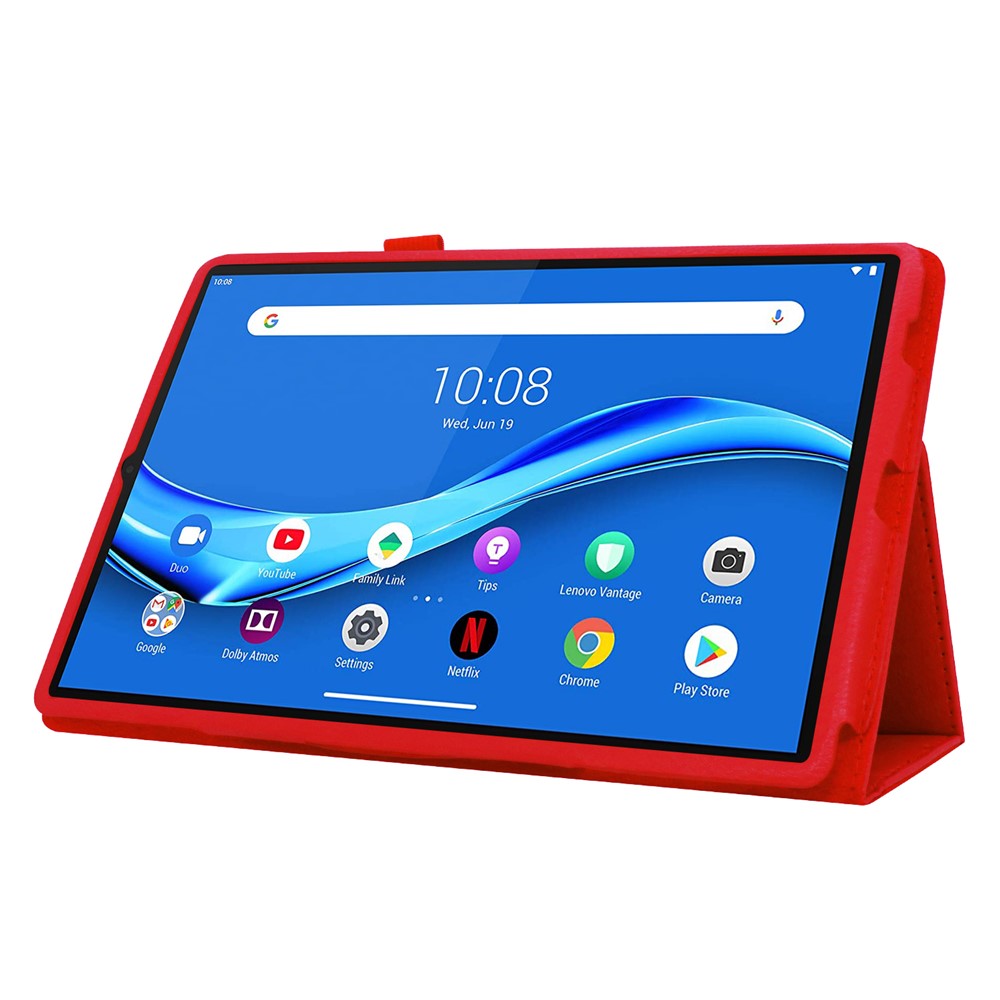 For Lenovo Tab M10 Plus TB-X606F PU Leather Case Shockproof Flip Tablet Cover with Stand Elastic Pencil Holder - Red