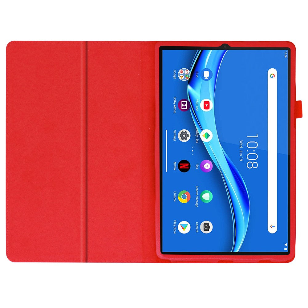 For Lenovo Tab M10 Plus TB-X606F PU Leather Case Shockproof Flip Tablet Cover with Stand Elastic Pencil Holder - Red