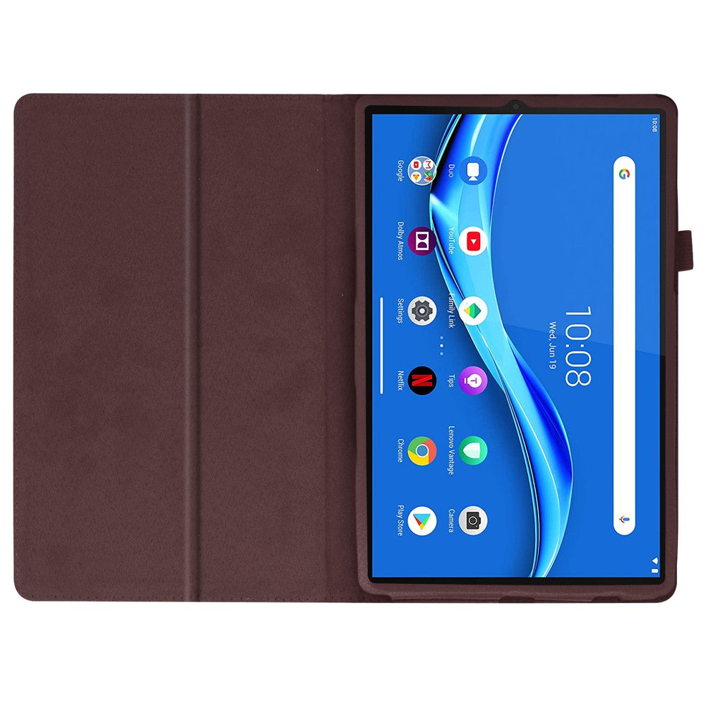For Lenovo Tab M10 Plus TB-X606F PU Leather Case Shockproof Flip Tablet Cover with Stand Elastic Pencil Holder - Coffee