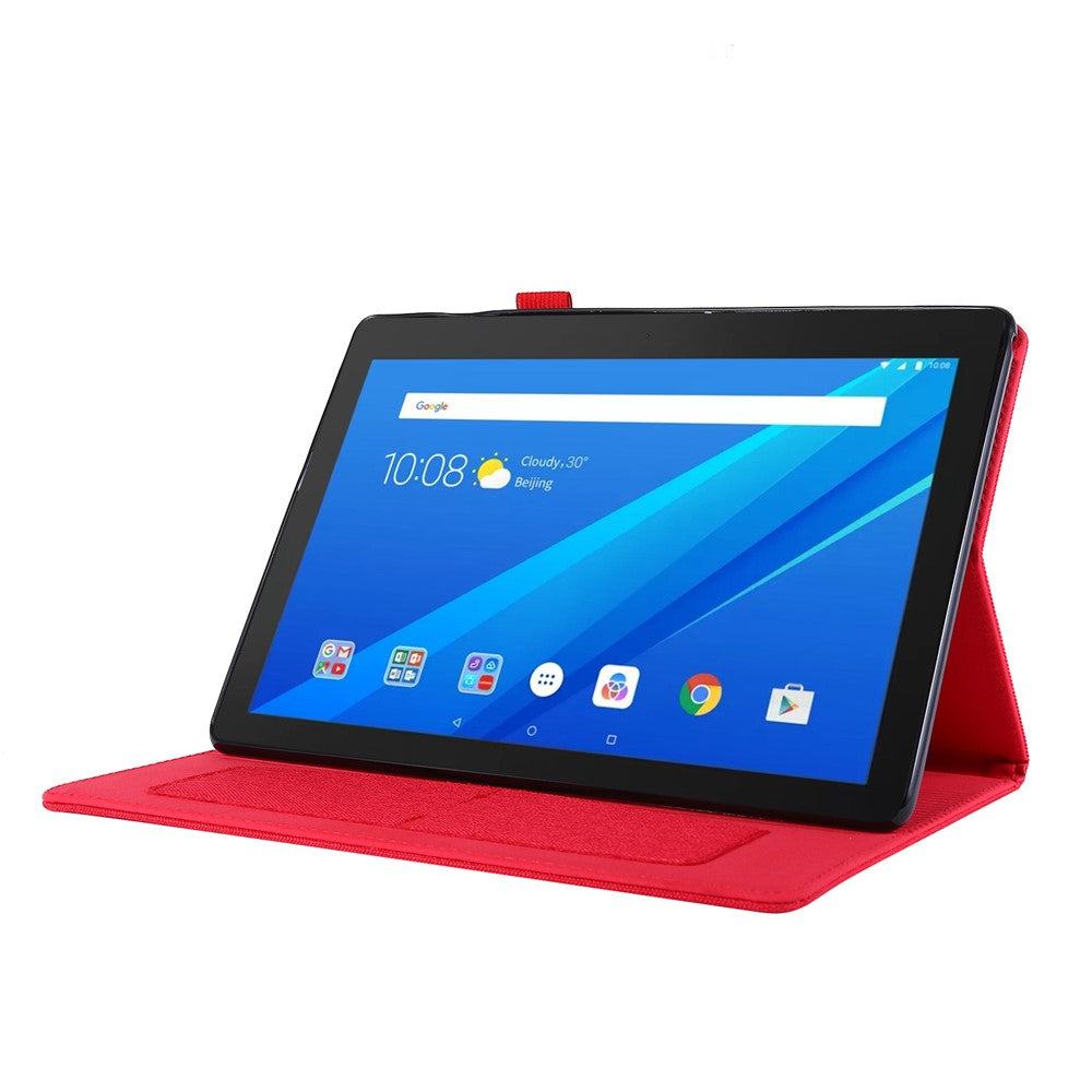 Cloth Texture Leather Tablet Shell with Card Holder Stand for Lenovo Tab E10 - Red