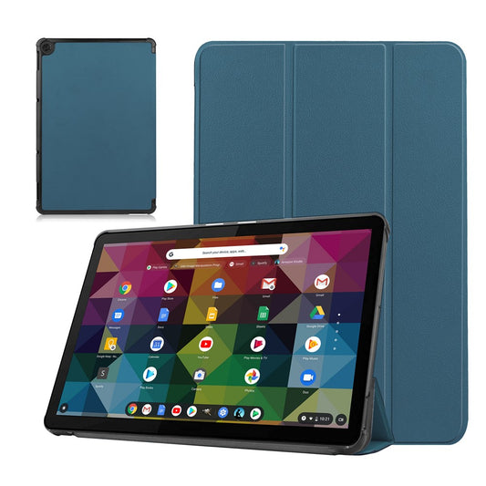 Litch Skin PU Leather Tri-fold Stand Shell for Lenovo Chromebook Duet Tablet Case - Blackish Green