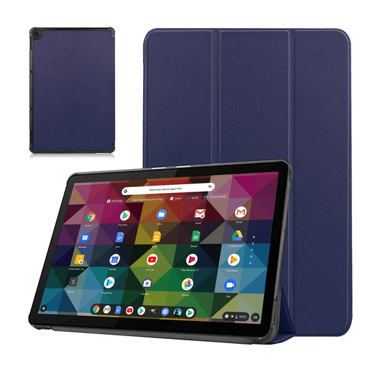 Litch Skin PU Leather Tri-fold Stand Shell for Lenovo Chromebook Duet Tablet Case - Dark Blue