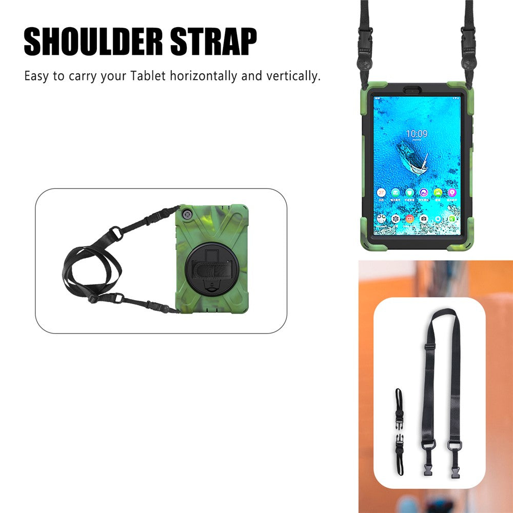 360° Swivel PC + Silicone Kickstand Tablet Case with Shoulder Strap for Lenovo Tab M8 (HD) TB-8505X / 8505F / Tab M8 (3rd Gen) 8506F - Army Green