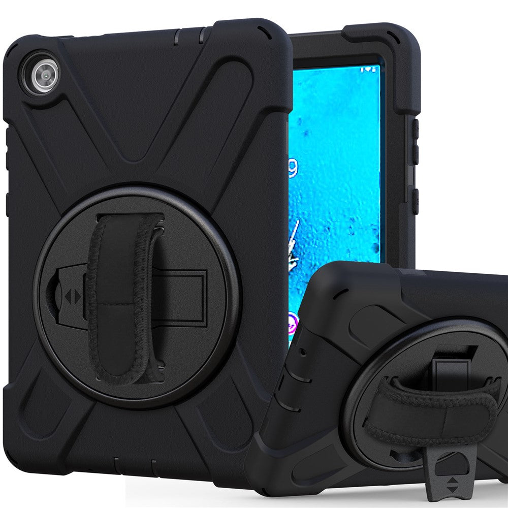 360° Swivel PC + Silicone Kickstand Tablet Case with Pen Slot Hand Band for Lenovo Tab M8 8" TB-8505F/8505X 2019 - Black