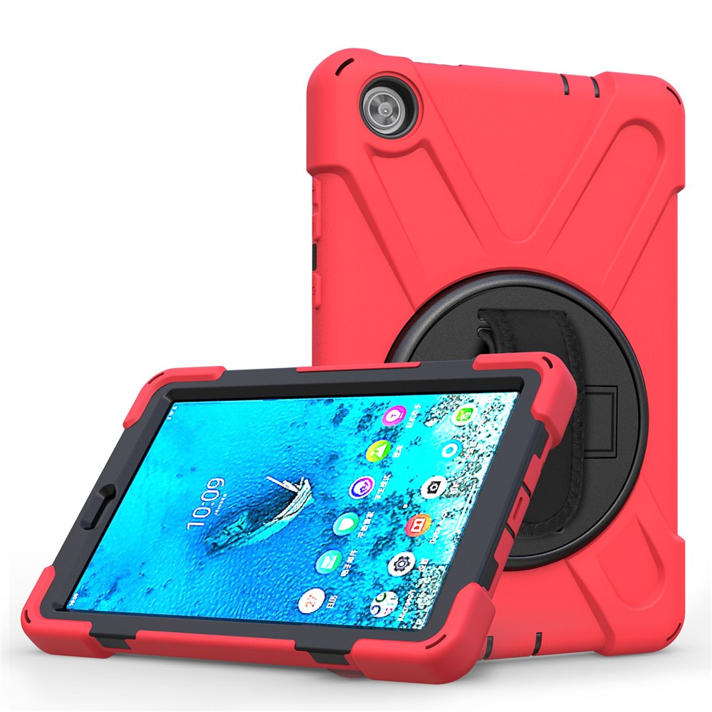 360° Swivel PC + Silicone Kickstand Tablet Case with Pen Slot Hand Band for Lenovo Tab M8 8" TB-8505F/8505X 2019 - Red