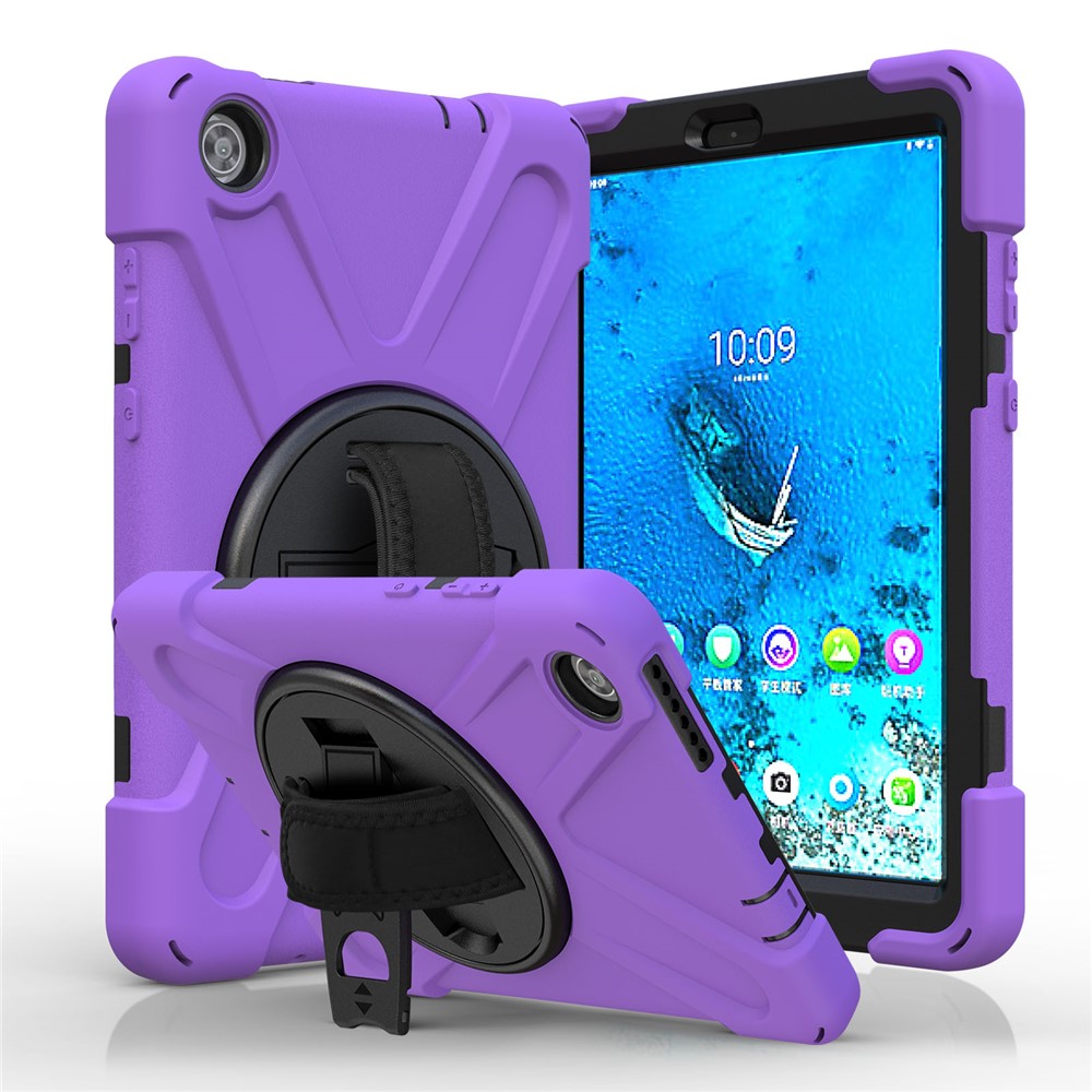 360° Swivel PC + Silicone Kickstand Tablet Case with Pen Slot Hand Band for Lenovo Tab M8 8" TB-8505F/8505X 2019 - Purple