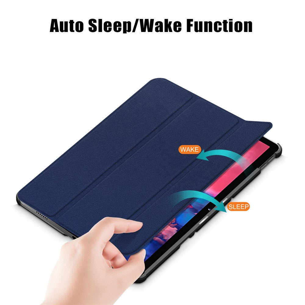 Narrow Bezel Tri-fold Auto-Sleep-and-Wake Smart Leather Stand Case with Anti-Shock Bumper for Lenovo Tab P11 TB-J606F / Tab P11 5G - Blue