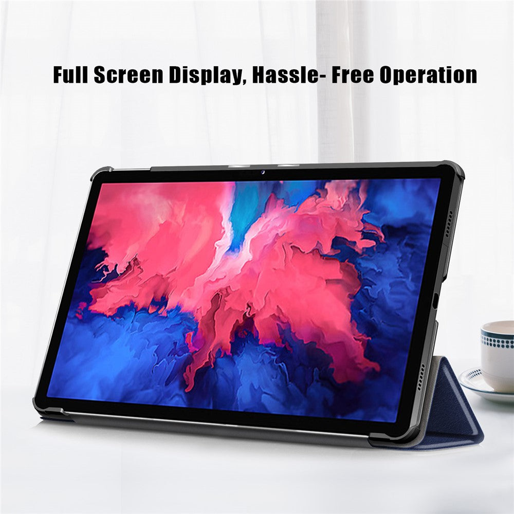 Narrow Bezel Tri-fold Auto-Sleep-and-Wake Smart Leather Stand Case with Anti-Shock Bumper for Lenovo Tab P11 TB-J606F / Tab P11 5G - Blue