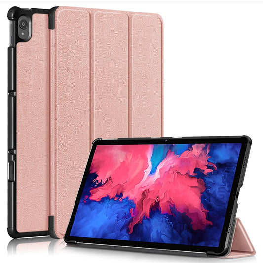 Narrow Bezel Tri-fold Auto-Sleep-and-Wake Smart Leather Stand Case with Anti-Shock Bumper for Lenovo Tab P11 TB-J606F / Tab P11 5G - Rose Gold