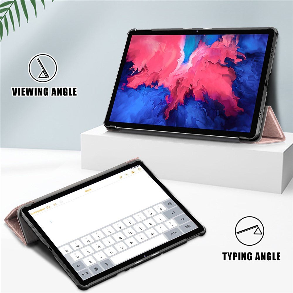 Narrow Bezel Tri-fold Auto-Sleep-and-Wake Smart Leather Stand Case with Anti-Shock Bumper for Lenovo Tab P11 TB-J606F / Tab P11 5G - Rose Gold