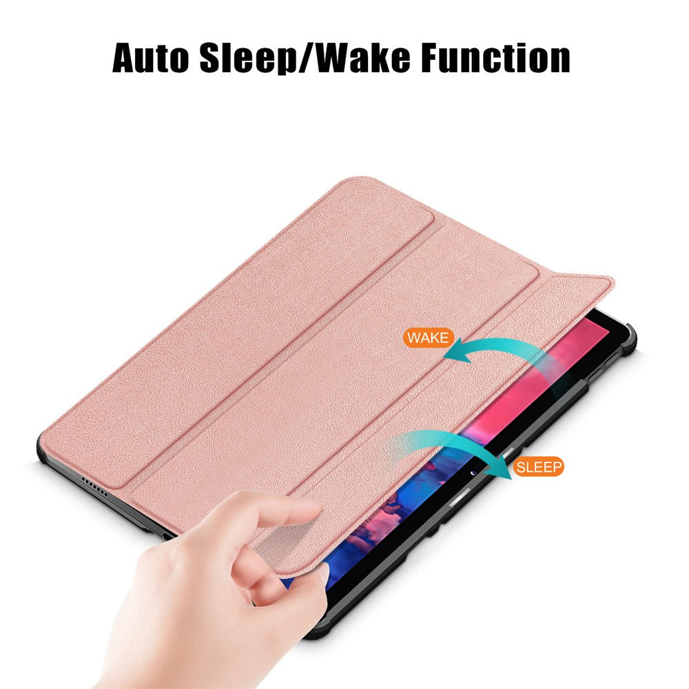Narrow Bezel Tri-fold Auto-Sleep-and-Wake Smart Leather Stand Case with Anti-Shock Bumper for Lenovo Tab P11 TB-J606F / Tab P11 5G - Rose Gold