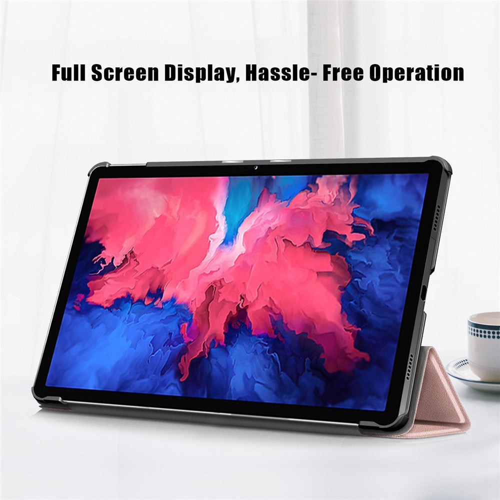 Narrow Bezel Tri-fold Auto-Sleep-and-Wake Smart Leather Stand Case with Anti-Shock Bumper for Lenovo Tab P11 TB-J606F / Tab P11 5G - Rose Gold