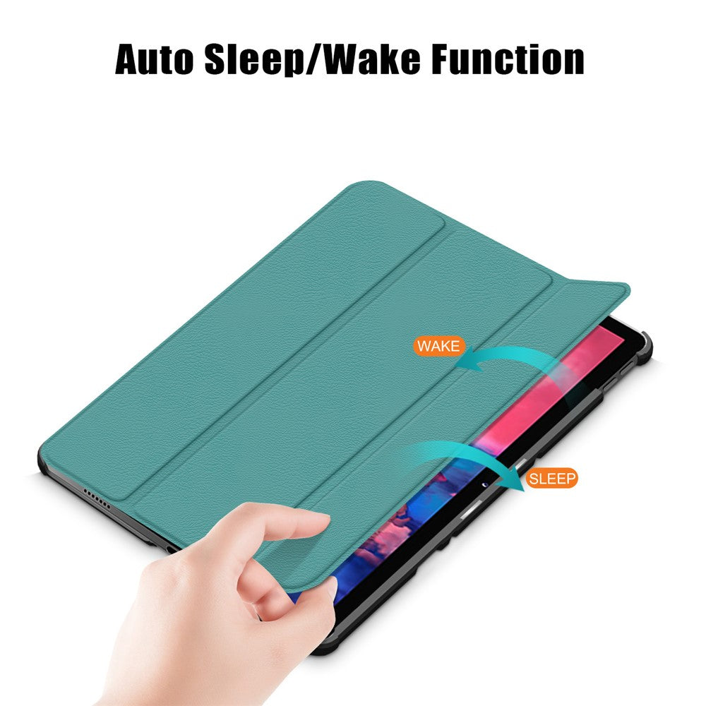 Narrow Bezel Tri-fold Auto-Sleep-and-Wake Smart Leather Stand Case with Anti-Shock Bumper for Lenovo Tab P11 TB-J606F / Tab P11 5G - Green