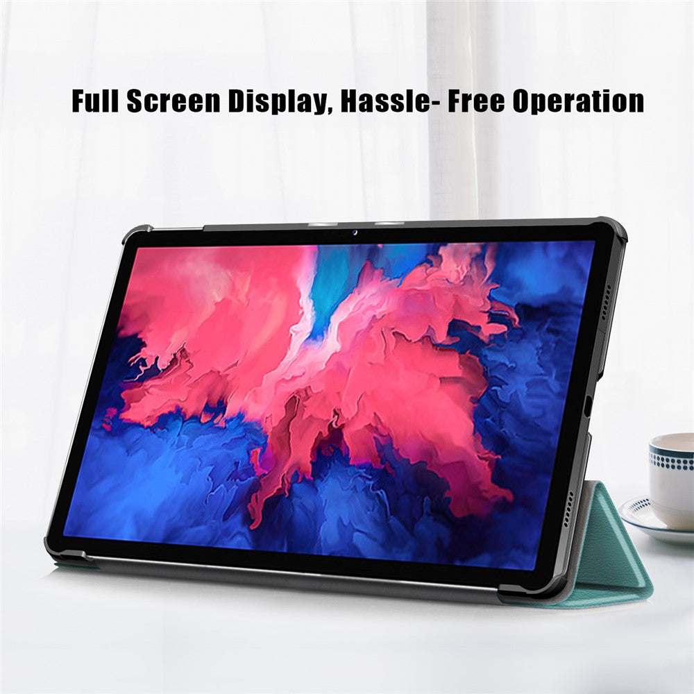 Narrow Bezel Tri-fold Auto-Sleep-and-Wake Smart Leather Stand Case with Anti-Shock Bumper for Lenovo Tab P11 TB-J606F / Tab P11 5G - Green