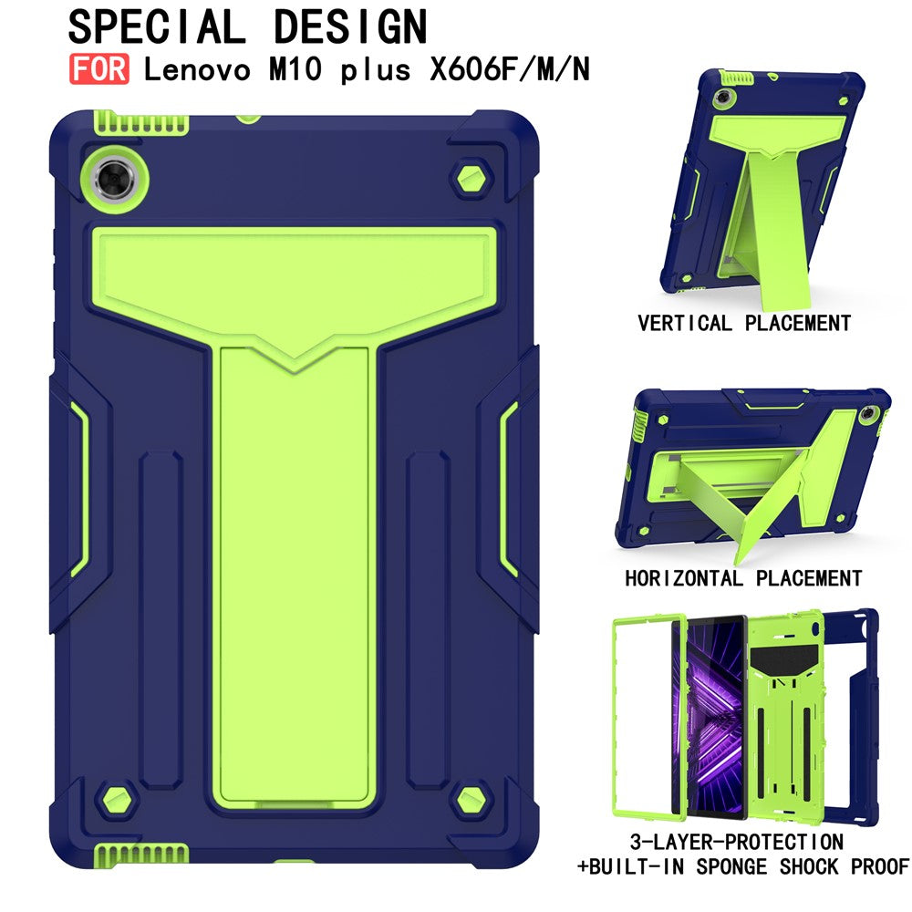 PC Silicone Tablet Cover for Lenovo Tab M10 Plus/TB-X606F Foldable T-shaped Kickstand Shell - Dark Blue/Green