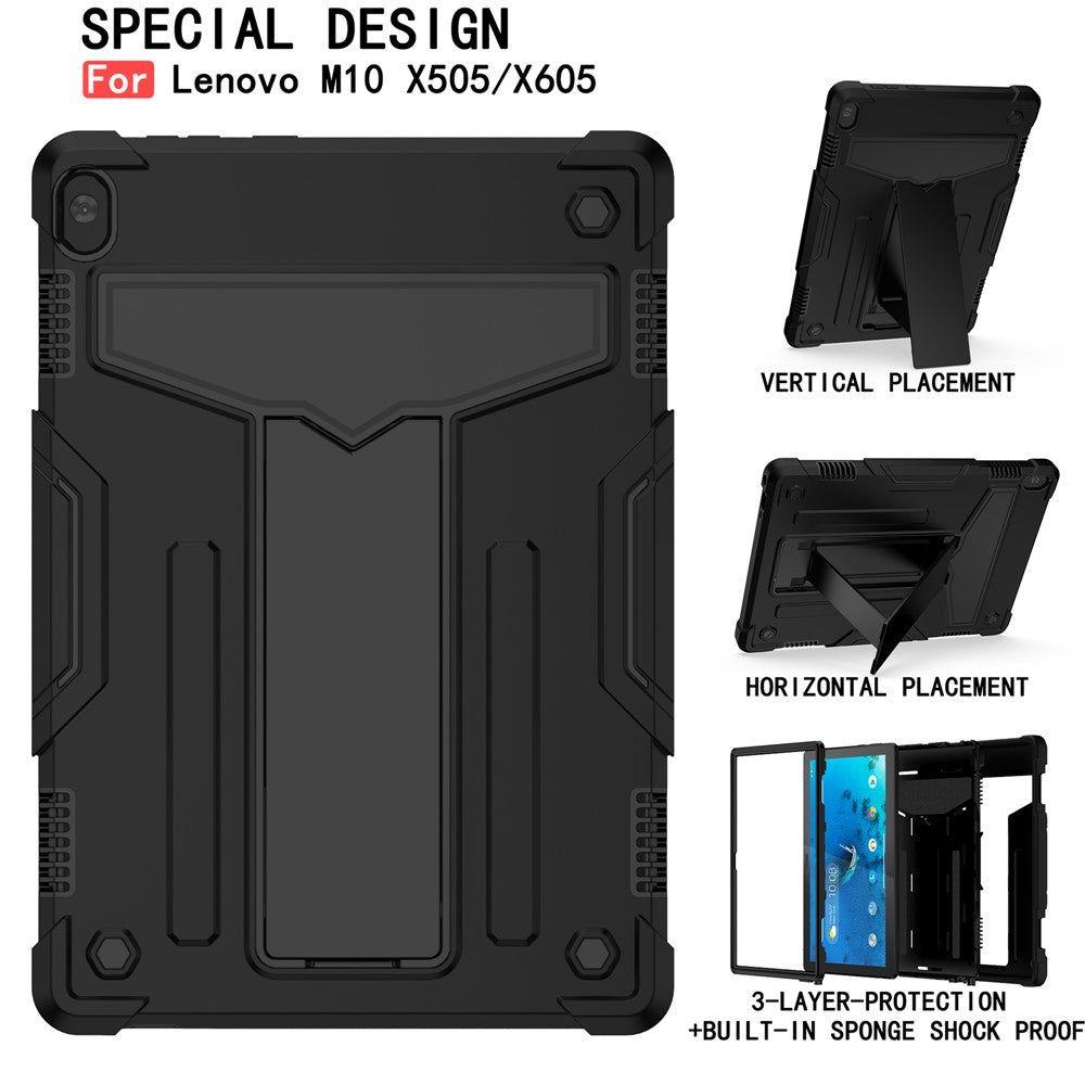 Shock Absorption Silicone + PC Tablet Hybrid Case with Folding Kickstand for Lenovo Tab M10 TB-X605F/X505 - All Black