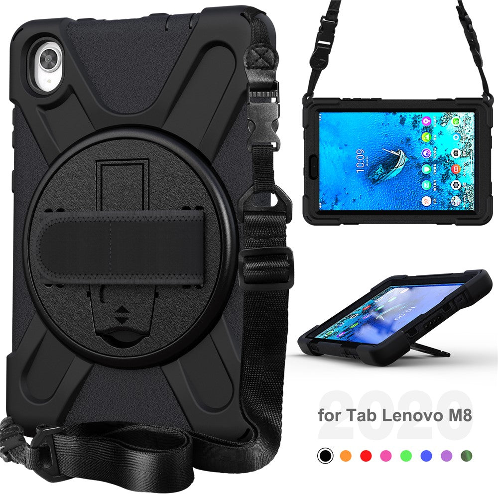 PC and Silicone Tablet Case + Shoulder Strap + Hand Band + 360° Swivel Kickstand for Lenovo Tab M8 2020 - Black