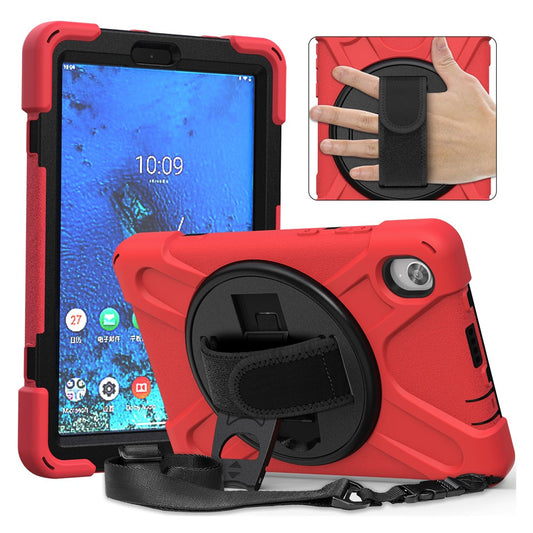 PC and Silicone Tablet Case + Shoulder Strap + Hand Band + 360° Swivel Kickstand for Lenovo Tab M8 2020 - Red