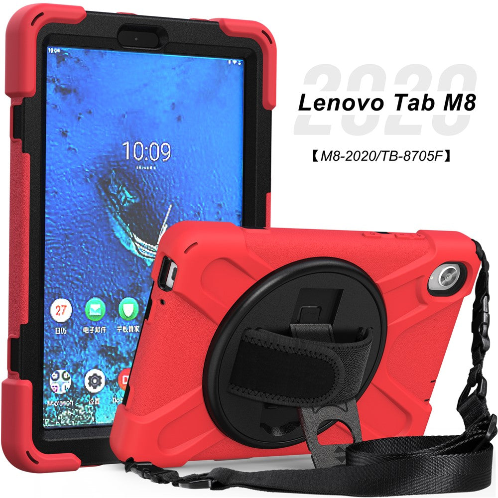 PC and Silicone Tablet Case + Shoulder Strap + Hand Band + 360° Swivel Kickstand for Lenovo Tab M8 2020 - Red