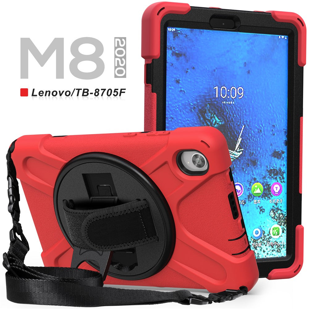 PC and Silicone Tablet Case + Shoulder Strap + Hand Band + 360° Swivel Kickstand for Lenovo Tab M8 2020 - Red