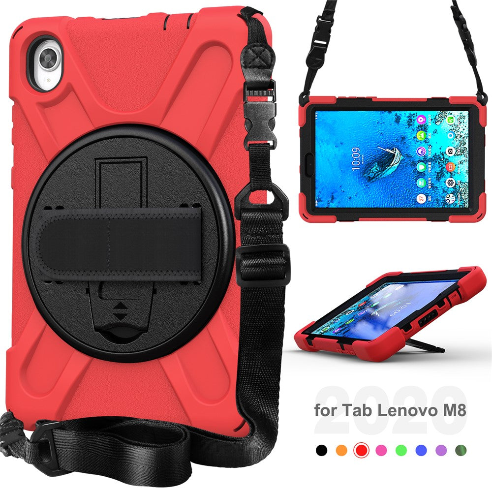 PC and Silicone Tablet Case + Shoulder Strap + Hand Band + 360° Swivel Kickstand for Lenovo Tab M8 2020 - Red