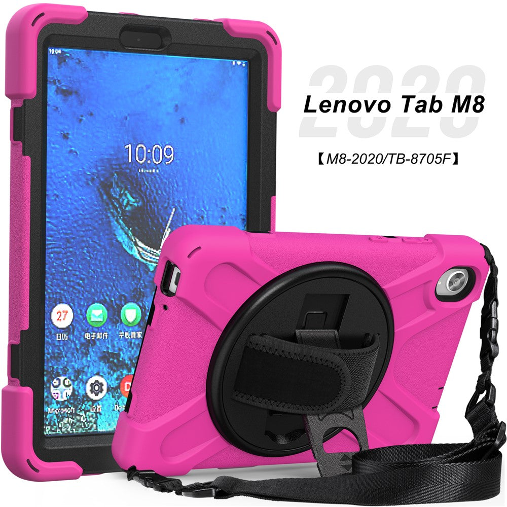 PC and Silicone Tablet Case + Shoulder Strap + Hand Band + 360° Swivel Kickstand for Lenovo Tab M8 2020 - Rose
