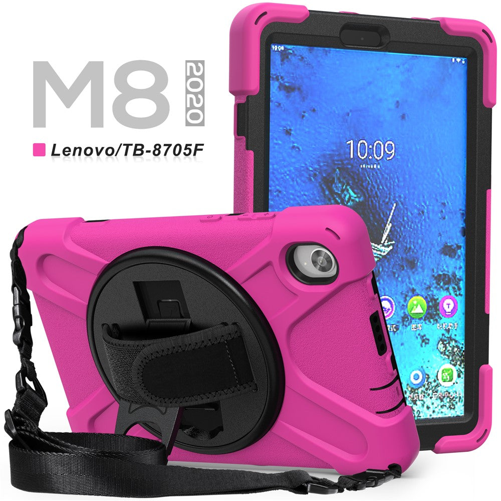 PC and Silicone Tablet Case + Shoulder Strap + Hand Band + 360° Swivel Kickstand for Lenovo Tab M8 2020 - Rose