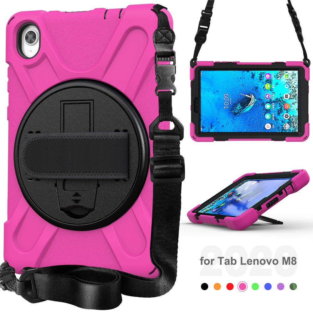 PC and Silicone Tablet Case + Shoulder Strap + Hand Band + 360° Swivel Kickstand for Lenovo Tab M8 2020 - Rose