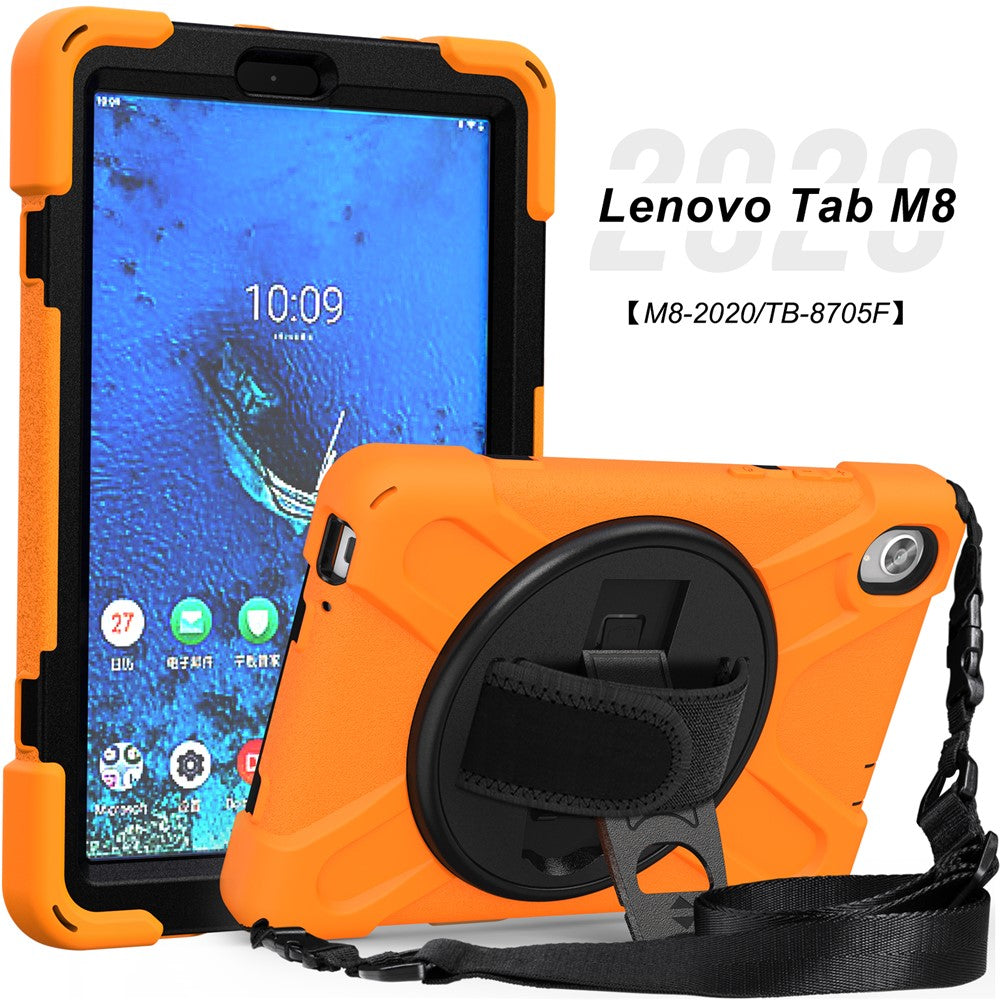 PC and Silicone Tablet Case + Shoulder Strap + Hand Band + 360° Swivel Kickstand for Lenovo Tab M8 2020 - Orange