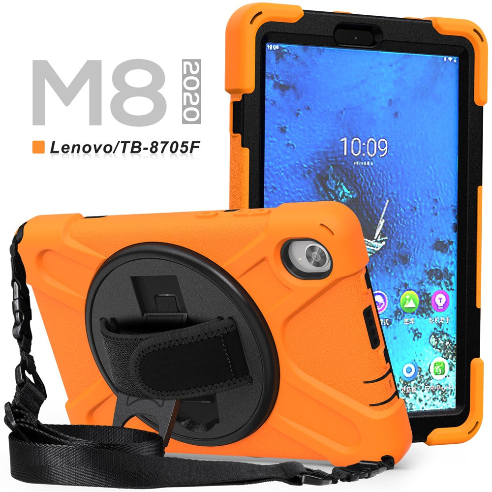 PC and Silicone Tablet Case + Shoulder Strap + Hand Band + 360° Swivel Kickstand for Lenovo Tab M8 2020 - Orange