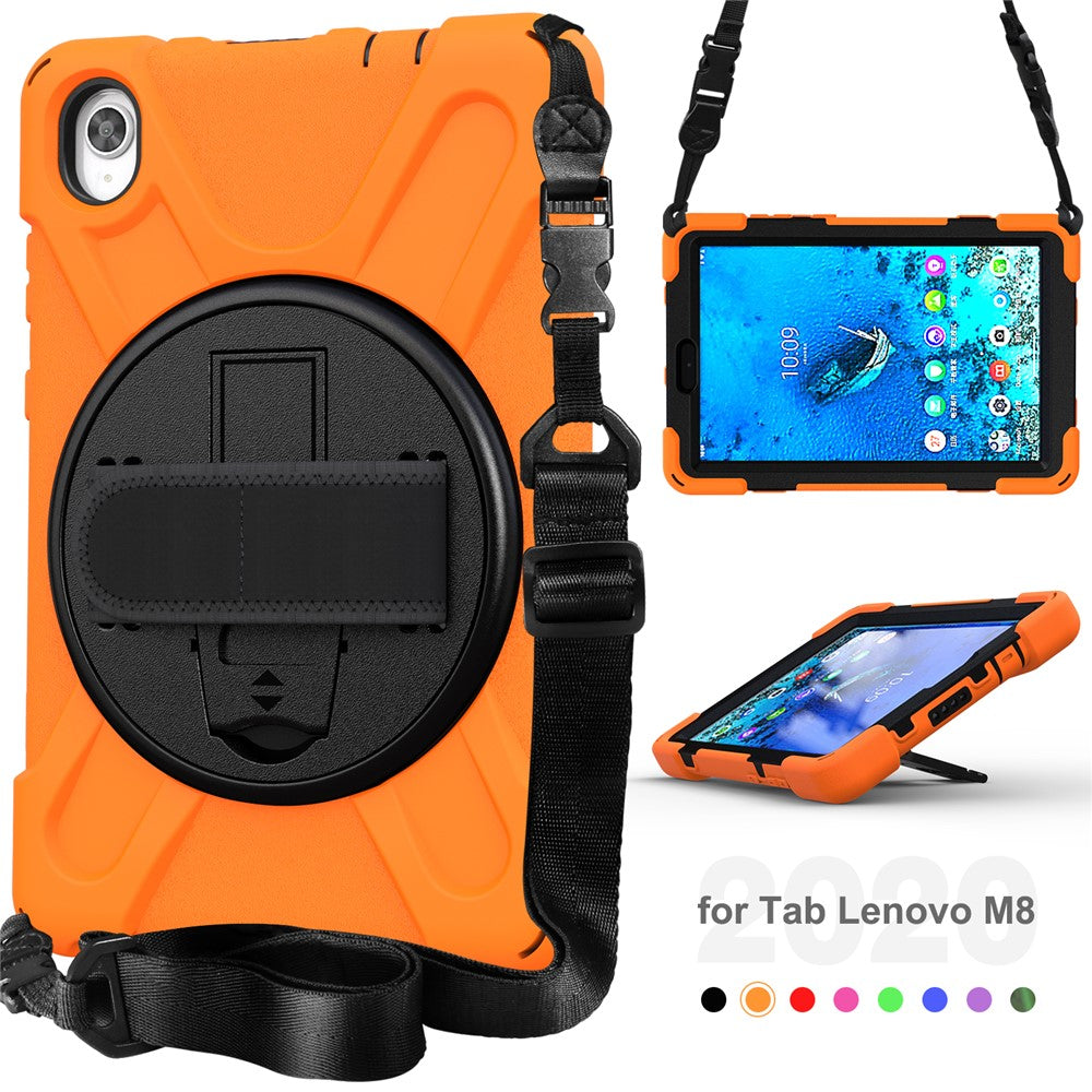 PC and Silicone Tablet Case + Shoulder Strap + Hand Band + 360° Swivel Kickstand for Lenovo Tab M8 2020 - Orange