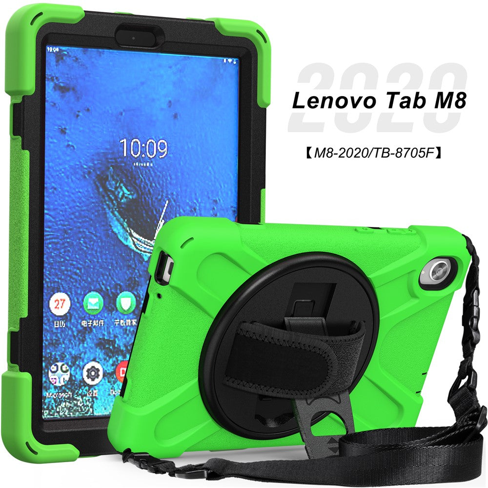 PC and Silicone Tablet Case + Shoulder Strap + Hand Band + 360° Swivel Kickstand for Lenovo Tab M8 2020 - Green