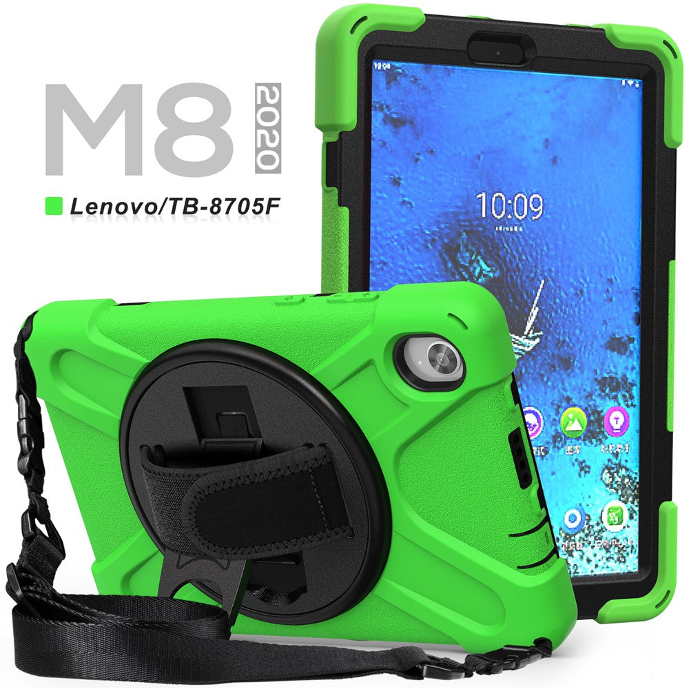 PC and Silicone Tablet Case + Shoulder Strap + Hand Band + 360° Swivel Kickstand for Lenovo Tab M8 2020 - Green