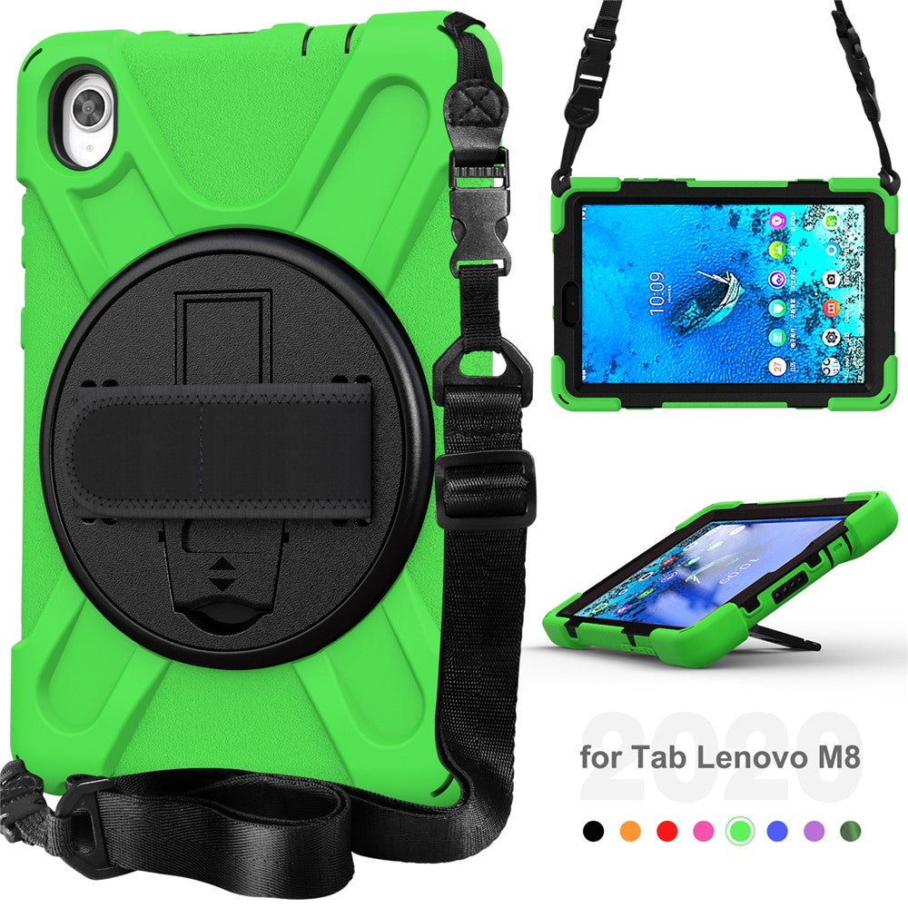 PC and Silicone Tablet Case + Shoulder Strap + Hand Band + 360° Swivel Kickstand for Lenovo Tab M8 2020 - Green