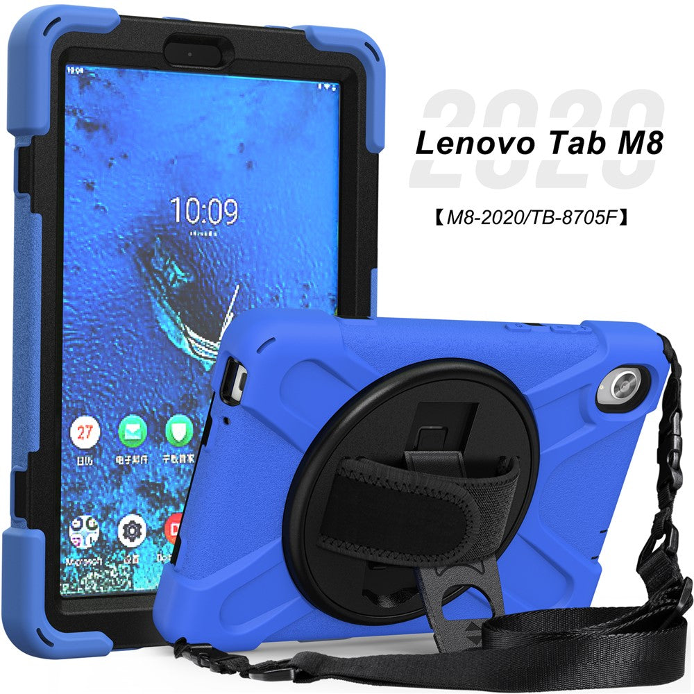 PC and Silicone Tablet Case + Shoulder Strap + Hand Band + 360° Swivel Kickstand for Lenovo Tab M8 2020 - Blue
