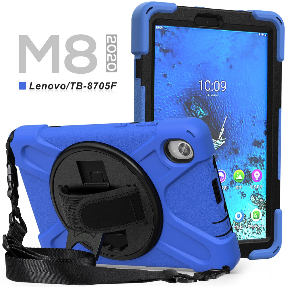 PC and Silicone Tablet Case + Shoulder Strap + Hand Band + 360° Swivel Kickstand for Lenovo Tab M8 2020 - Blue