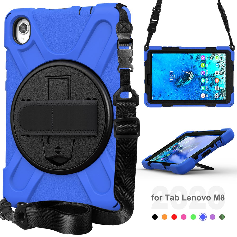 PC and Silicone Tablet Case + Shoulder Strap + Hand Band + 360° Swivel Kickstand for Lenovo Tab M8 2020 - Blue