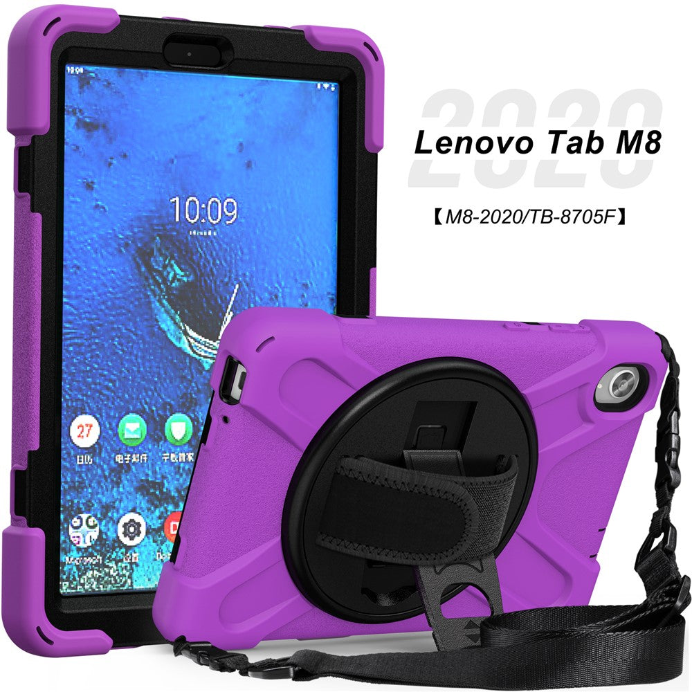 PC and Silicone Tablet Case + Shoulder Strap + Hand Band + 360° Swivel Kickstand for Lenovo Tab M8 2020 - Purple